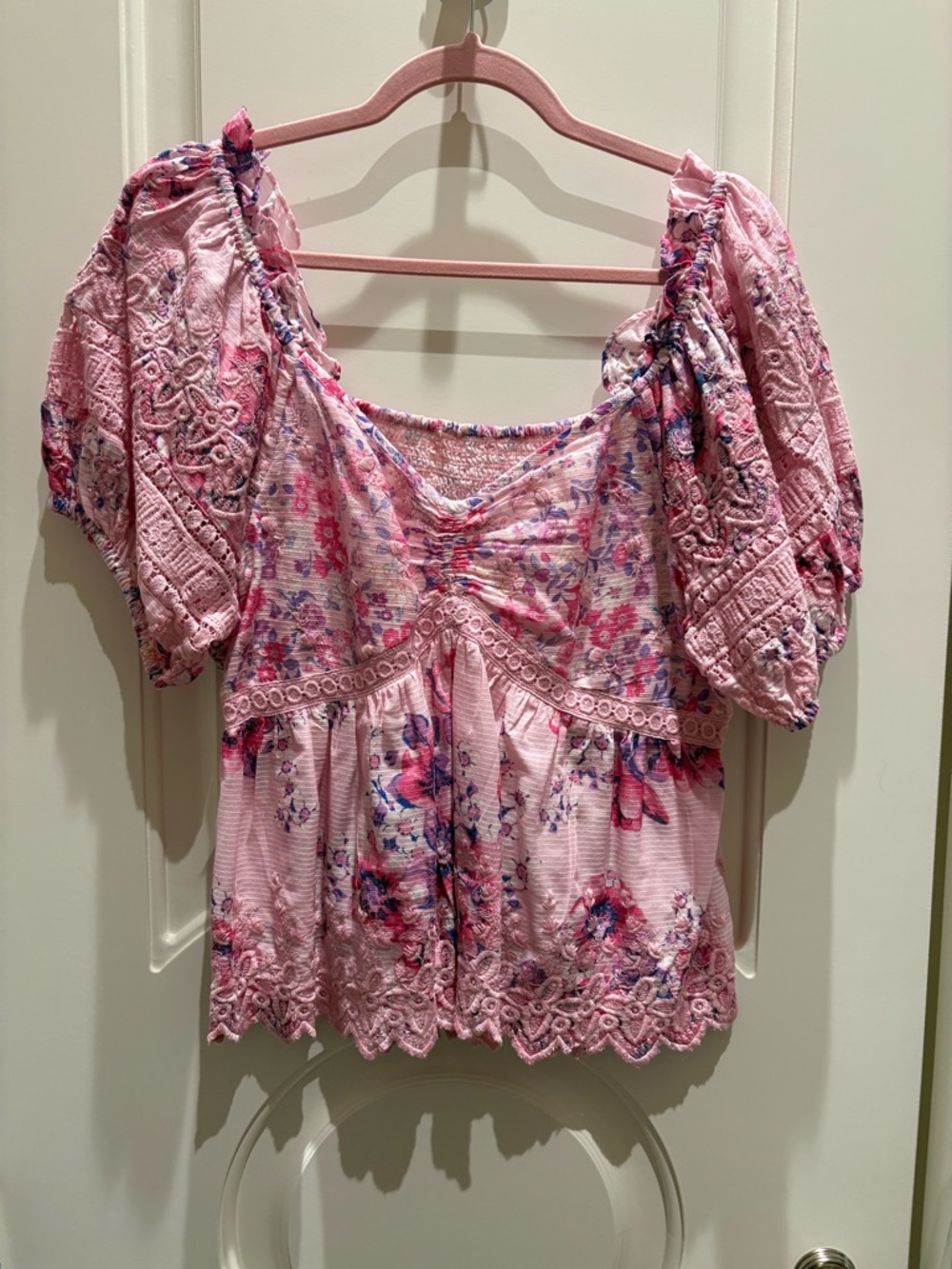 LoveShackFancy Pink Floral Puff-Sleeve Blouse